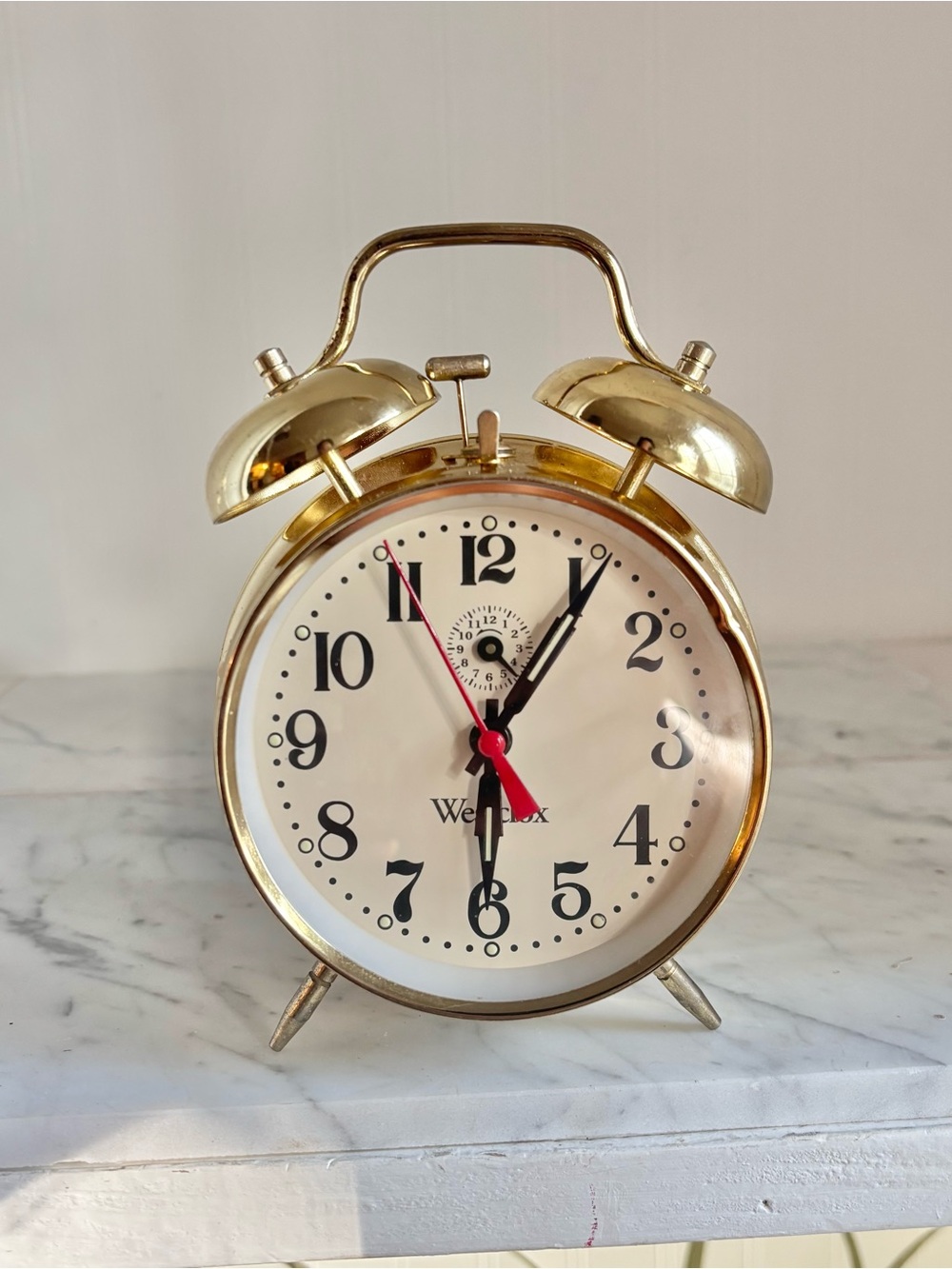 Vintage 70s WESTCLOX Gold-Tone Double Bell Alarm Clock Wind Up Glow in the dark